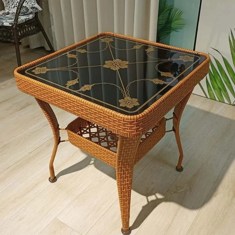 Rattan square table Balcony small coffee Mini tea table Bedroom side storage small Tempered glass tea table