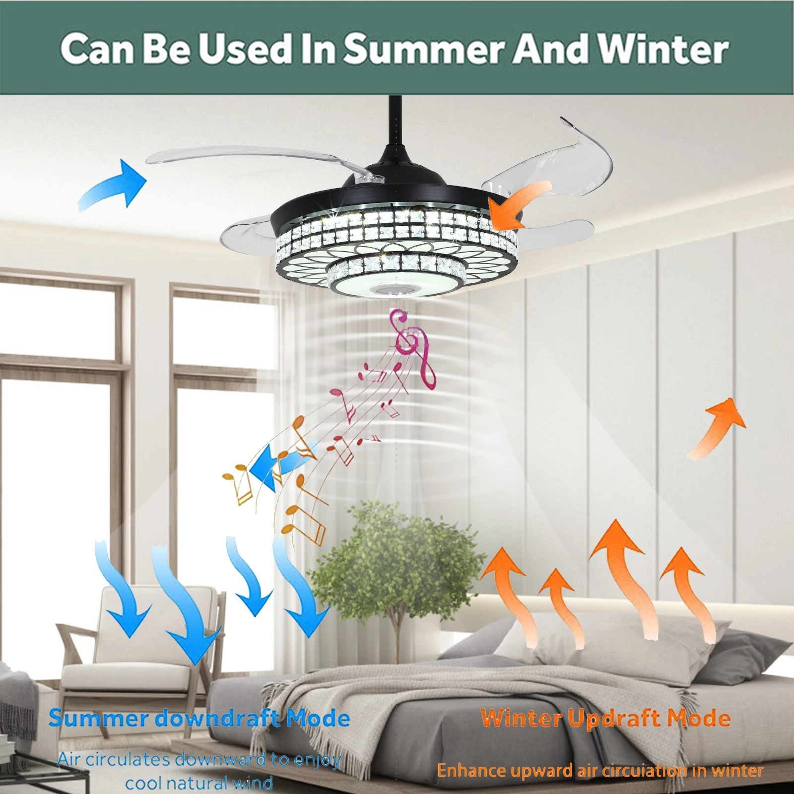 42 Inch Fan Pendant Light Black Three Color Variable Frequency Band Bluetooth With Remote Control - Us Standard