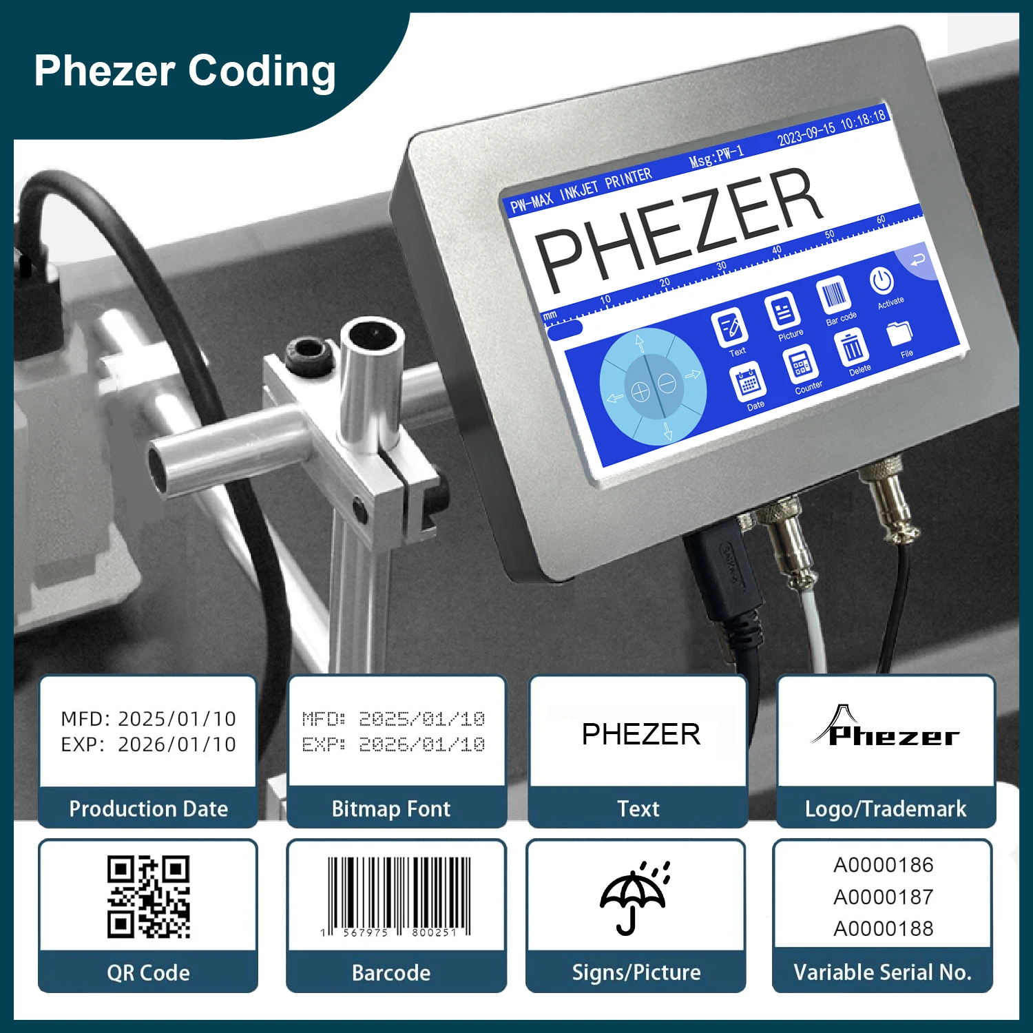 

Phezer 12,7/25,4/50,8 мм PW-MAX 7-дюймовый онлайн-струйный принтер для этикеток TIJ QR-бар Код партии Номер даты Логотип Дата истечения срока годности