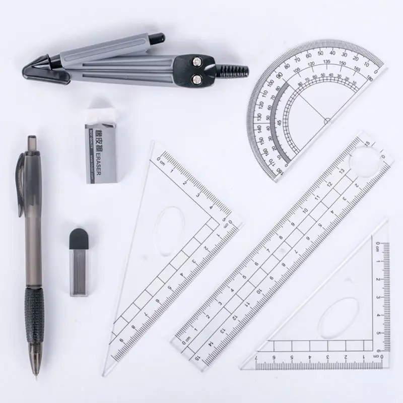 Portable  8PCS/Set Student Geometry Protractor Ruler Drawing Suit School Compasses Set Math Eraser For Students Office Supplies