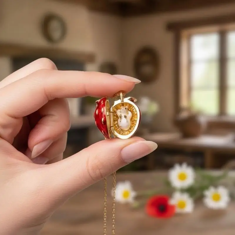 Verstecktes Hamster-Tier-Emaille-Medaillon mit Öffnungs- und Schließfunktion, vergoldete Kette, liebenswertes Fruchtdesign, Geschenk für den täglichen Gebrauch – Detail 14