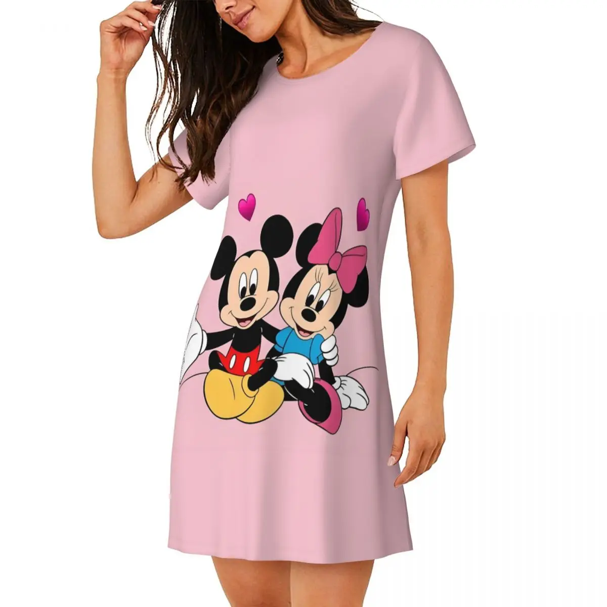 사용자 정의 미키 마우스 여성용 반팔 Nightdress 인쇄 짧은 소매 잠옷 산책 휴가 Sleepshirts