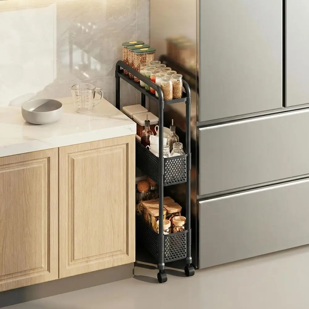 

Slim Storage Cart, Kitchen Gap Storage, Multi-Layer Organizer with 360° Swivel Wheels or Kitchen Bathroom (Black,3 Tier)
