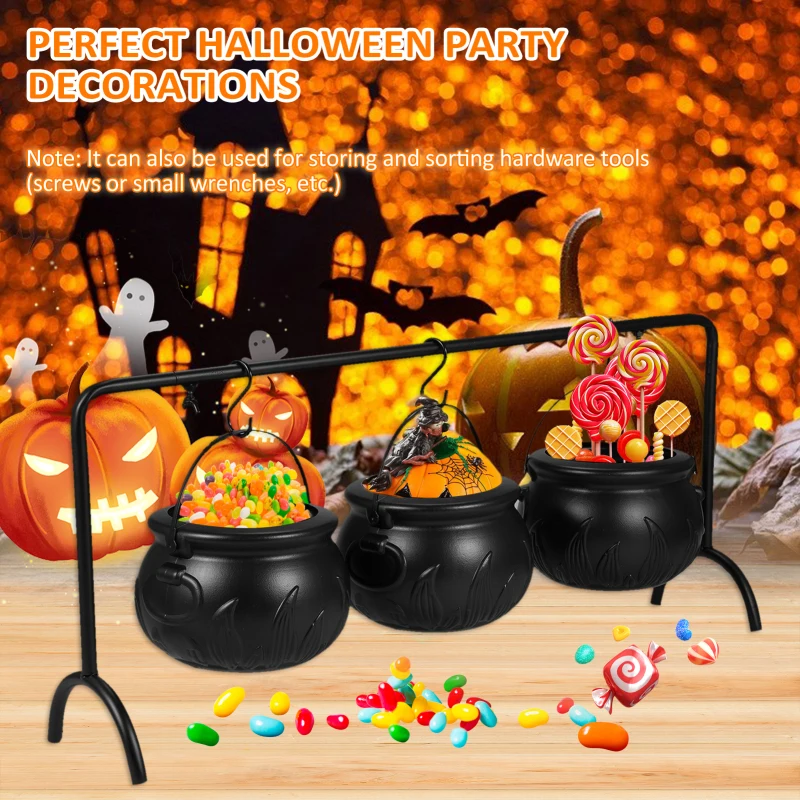 Halloween Candy Bowl Decorations, Set of 3 Black Plastic Cauldron Bowls with Iron Rack, Halloween Party Decorations Candy Bucket