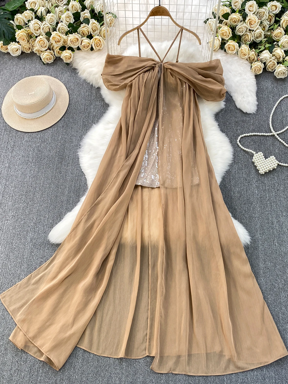 

Ele одно плечо женское платье осень-зима с высокой талией iny с блестками сращивание Pure Desire Lady длинное платье с разрезом Dr