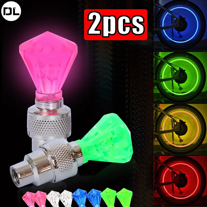 Hot 2Pcs Bicycle Tire Valve Cap Light Bike Motorcycle Car Wheel Spoke Gem Shape Neon LED Light Flash Lamp Cycling Accessories