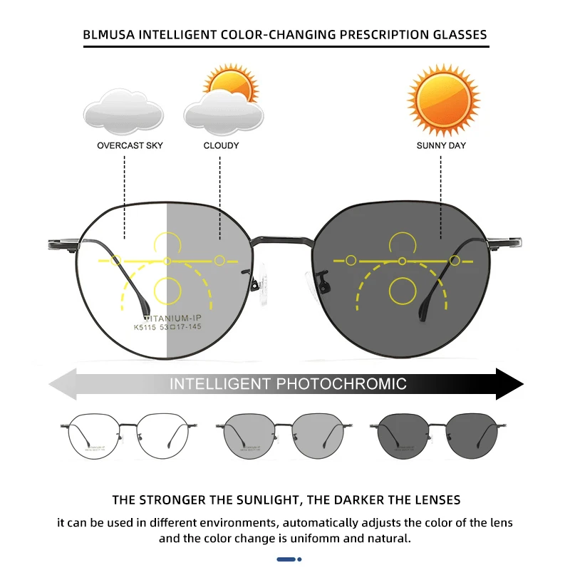 BLMUSA Vintage Progressive Reading Glasses for Men Anti Blue Ray Photochromic Glasses Pure Titanium Prescriptio Optical Glasses
