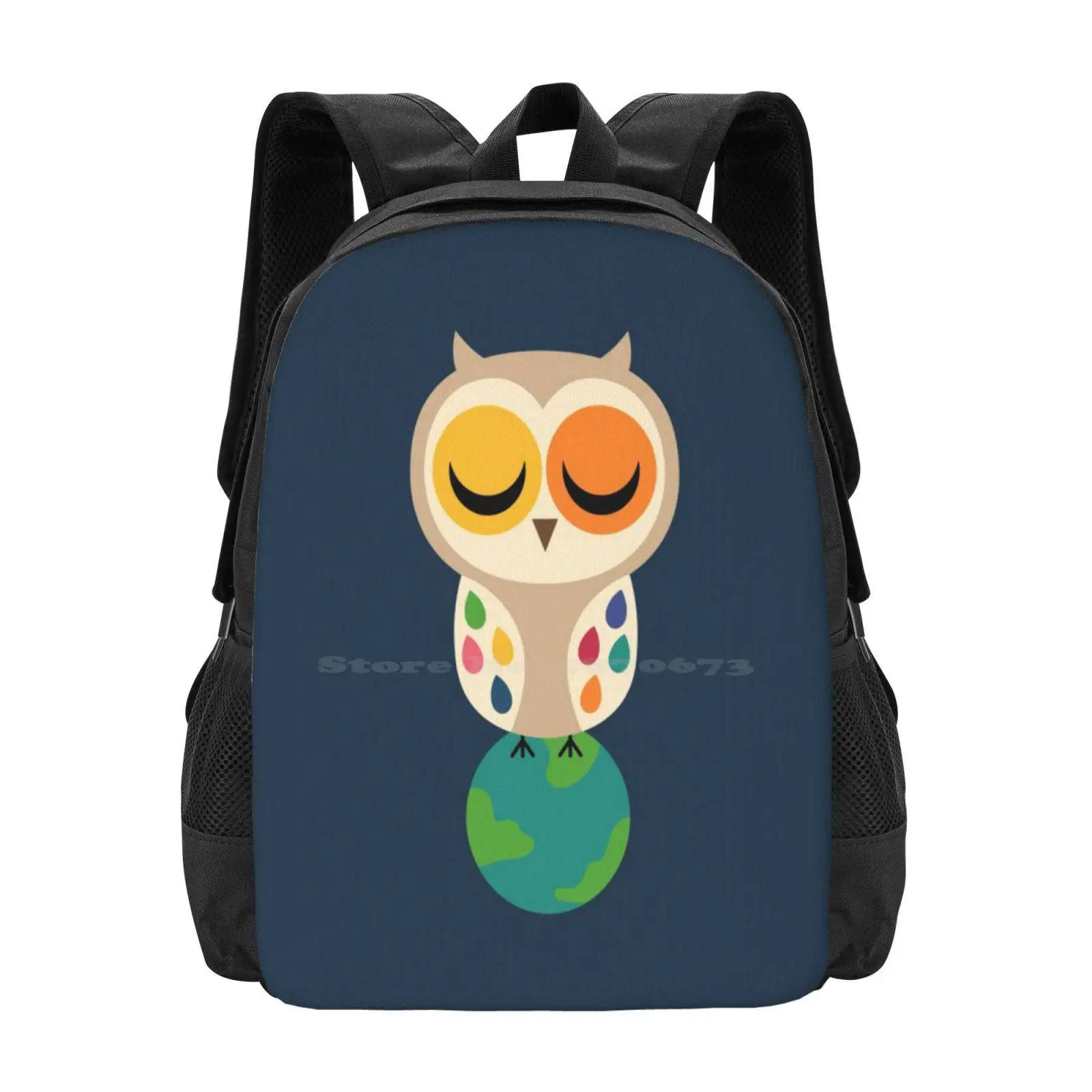 Owl Spirit Teen College Student Backpack Pattern Design Bags Owl Spirit Positive Day Night Earth Sun Moon Animals Cute Happy