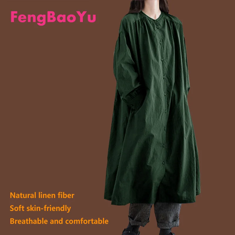 

Fengbaoyu Linen Spring Autumn Ladies' Long-sleeved Open-skirt Long Shirt Loose Black Temperament Round-necked Women's Clothing