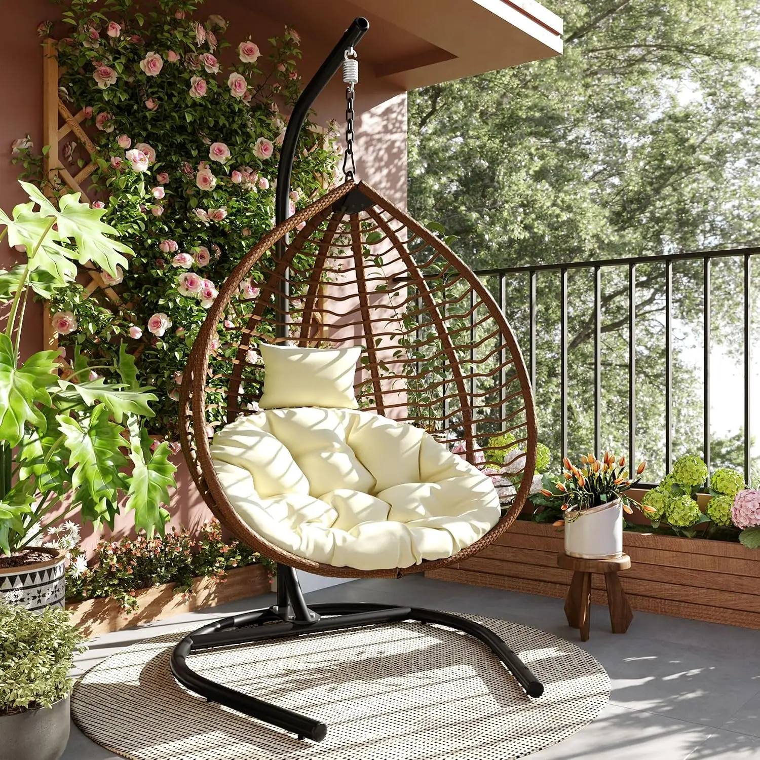 HDPE Wicker Egg Chair with Cushion & Headrest, Adjustable Swing with Leveling Feet for Patio Balcony Indoor, Customized