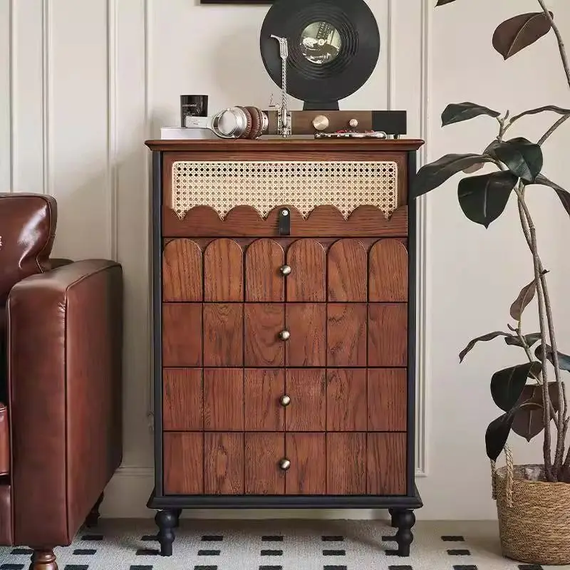 

French retro solid wood rattan chest cabinet antique living room storage locker tea cabinet dining side cabinet locker