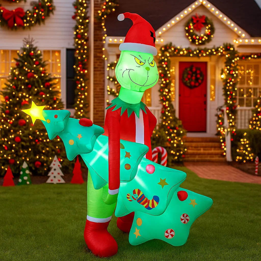 6.8ft brinquedos infláveis decorações de natal inflável grinch segurando árvores de natal natal casa quintal led luz decoração suprimentos