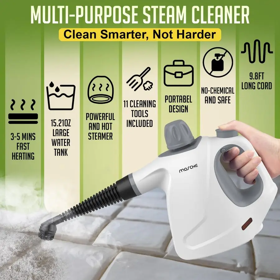 Handheld Steam Cleaner with 11Pieces Accessories, 15.2OZ All Natural Pressurized Steamer for Cleaning, Multipurpose Steam Cleane