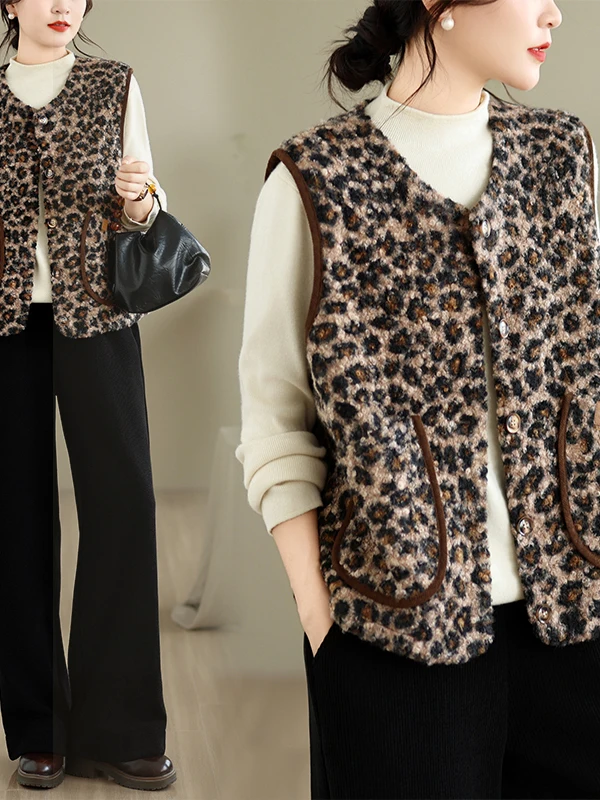 Retro Design Lamb Fur Vest Women's Fashion Color Block Leopard Print Warm Vest Autumn Winter New Style Commute Wind Girl