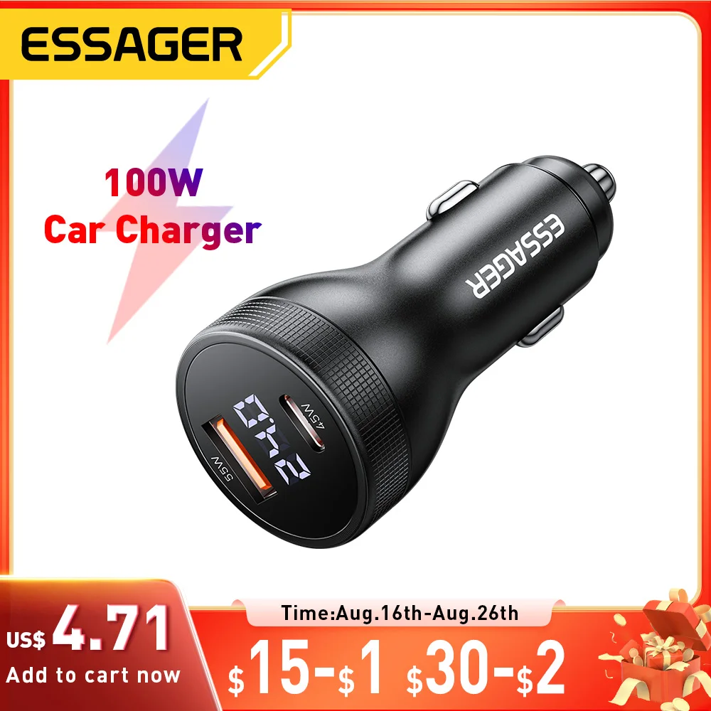 Essager 100w carregador de carro usb c carga rápida pd 45w para iphone 15 pro 14 xiaomi poco samsung galaxy s24 carregamento rápido