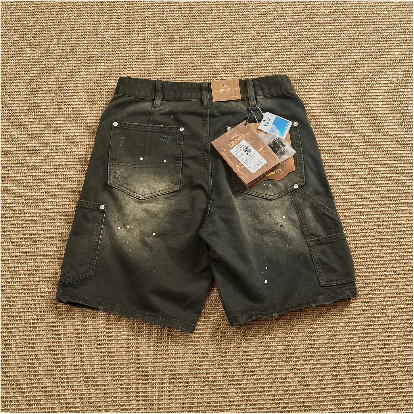 High quality American retro distressed work shorts men's cotton heavy wash denim shorts multi-pocket logging pants