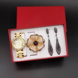 Luxury Women Watches Set Ladies Steel Quartz Watch Shiny Crystal Wristwatch Reloj Mujer Big Flower Zircon Ring Earring With Box