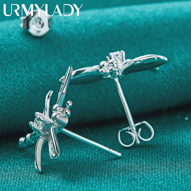 URMYLADY 925 Sterling Silver Dragonfly Zircon Kolczyki sztyfty dla kobiet Biżuteria ślubna na imprezę — zdjęcie 6