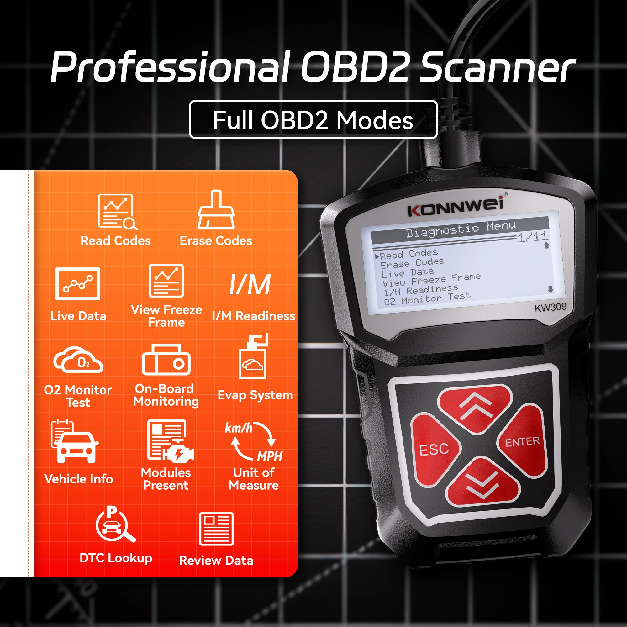 KONNWEI KW309 OBD2 Fault Scanner Read Code DTC Lookup O2 Sensor Monitoring Test I/M Readiness OBDII Scanning Tool for 12V Car