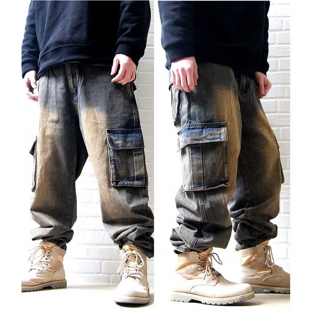 Tactical Denim Cargo Pants Men\'s Casual Retro Jeans Straight Loose Baggy Distressed Trousers Big Pocket Streetwear Clothing