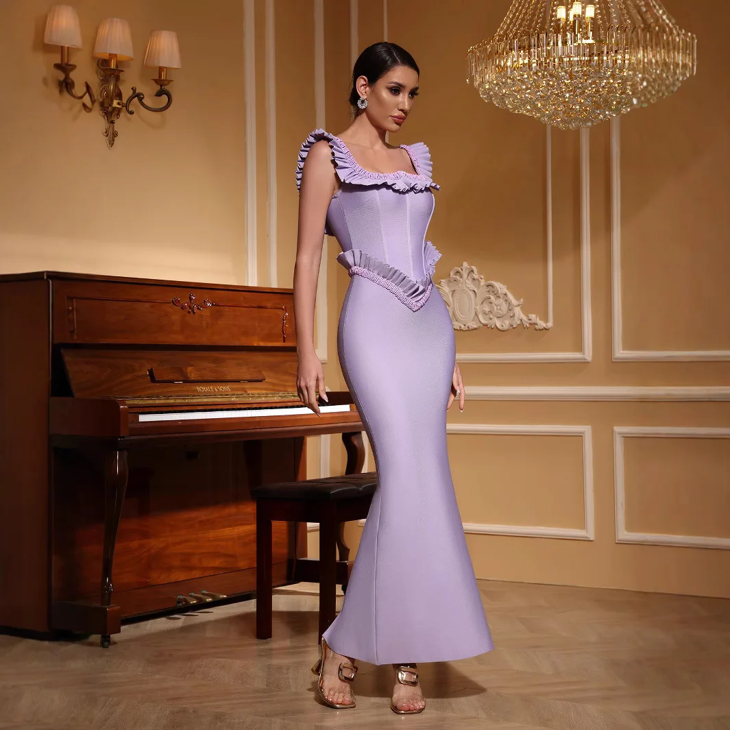 2025 Elegante abito da sera da club da donna Celebrity Sexy O Neck Ruffles Viola Perline Maxi abito lungo aderente dalla fasciatura