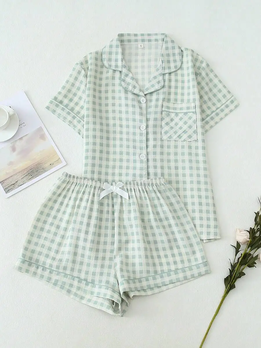 

Womens Plaid Short Sleeve Button Down Pajama Set With Shorts Summer Loungewear