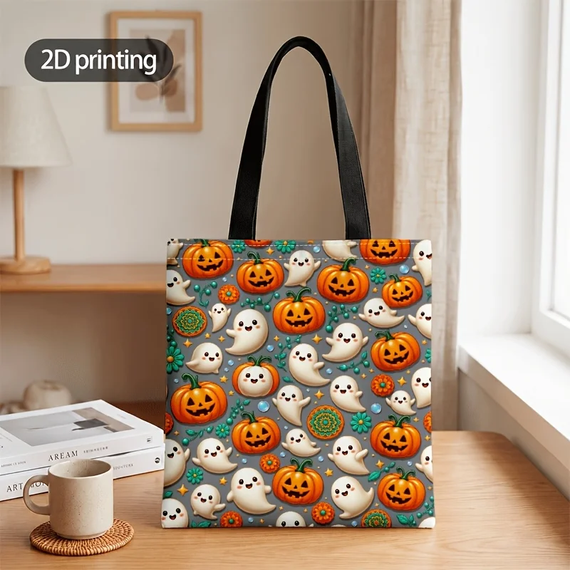 Cute Halloween Ghost Pumpkin Canvas Tote Bag, All Over Print Reusable Shopping Shoulder Bag, Trick or Treat Casual Handbag