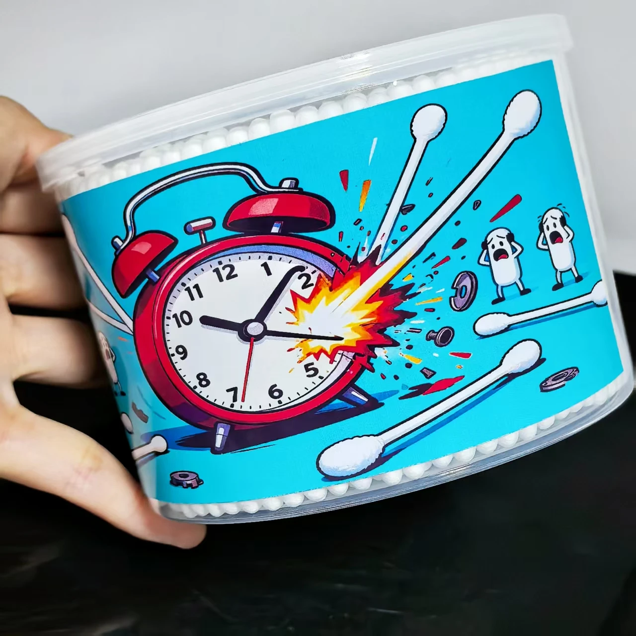 500개 알람 시계 패턴 창의적인 버킷 사이즈 면봉, 성인용 둥근 양면 청소용 특수 면봉