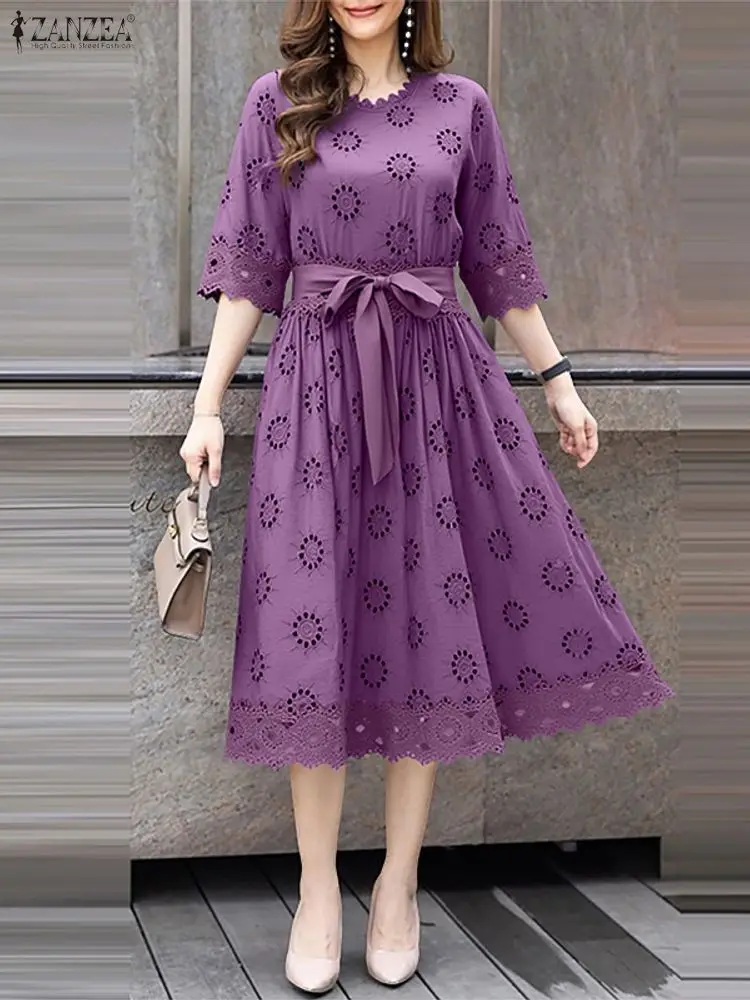 فستان كروشيه أنيق للخريف من ZANZEA لعام 2025 فساتين نسائية أنيقة مطرزة 3/4 كم فستان صيفي للعمل مرقع رداء ميدي #3