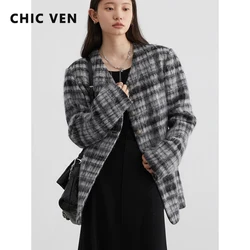 CHIC VEN Women's Coat New Retro Long Blends Striped Woolen Jacket Office Lady Clothing Female Top Autumn Spring 2023