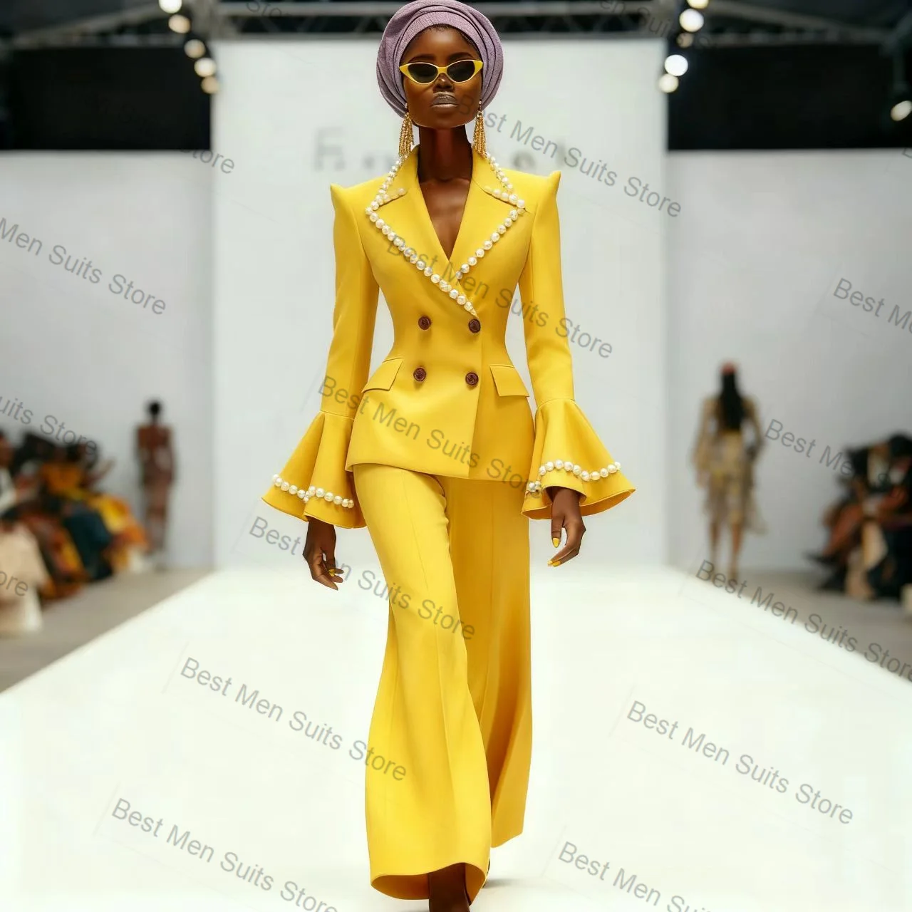 Pearls Women Suit Set 2 Pcs Blazer Pants Trousers Yellow Spring Cotton Formal Office Jacket Customized Wedding Tuxedo Guest Coat