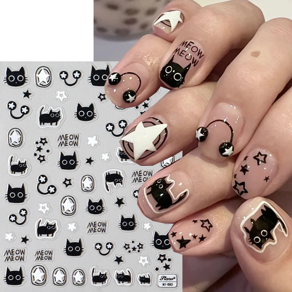 Cute Black Cat Nail Stickers Decals 5D Embossed Kawaii Cat Flowers Star Nail Art Decoration Cute Cartoon Sliders Summer Manicure