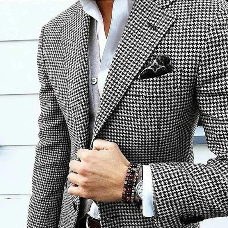 Italian Style Men\'s Blazer Houndstooth Casual Man Suit Jacket Notched Lapel One Piece Check Wedding Coat for Prom Party