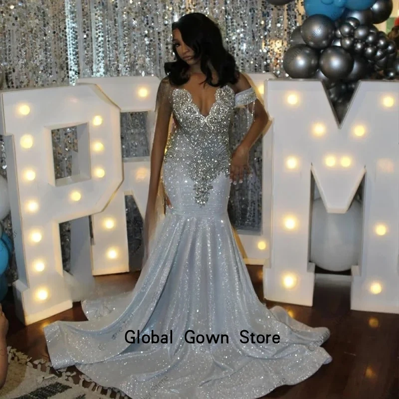 فساتين حفلة موسيقية فاخرة من الكريستال اللامع للفتيات السود سباركلي ترتر حورية البحر رداء حفلات الزفاف مخصص فيستدوس دي سيريمونيا