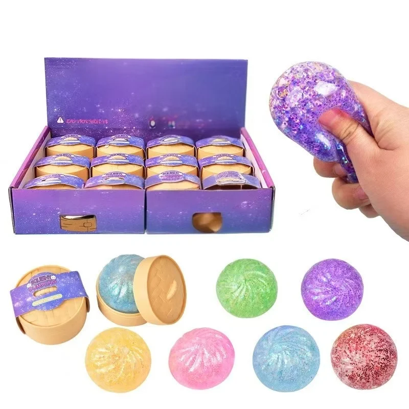 Flash Glitter Squeeze Toy Slow Rising Stress Ball Soft Squishy Dumpling Bun Fidget Sensory Anxiety Relief Novelty Gift for Kids