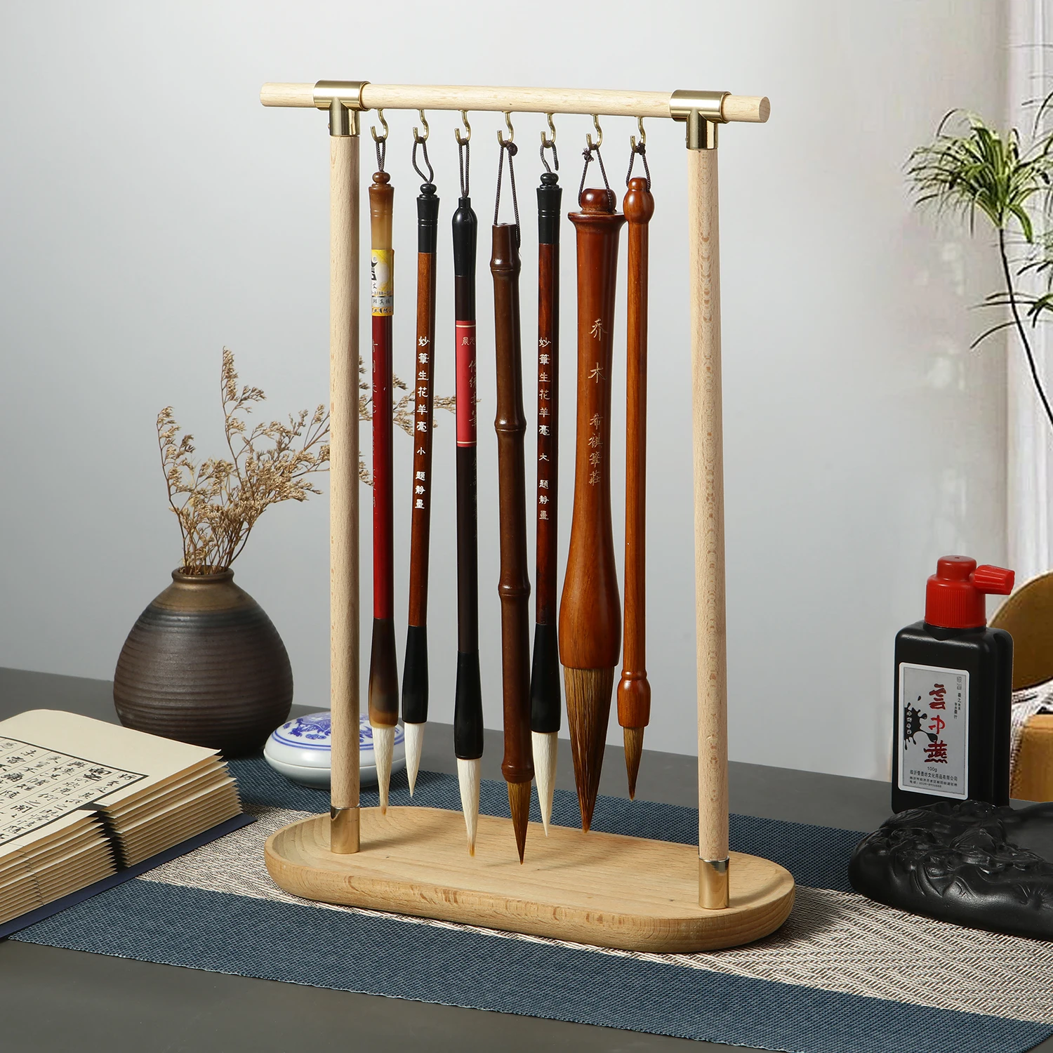 Wood Chinese Brush Pen Holder with Beechwood Base Calligraphy Rest Ink Hanger 7 Hooks Writing Brush Holder School Stationery