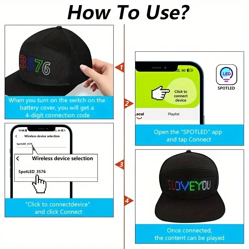 Unisex Baseball Cap USB Rechargeable Bluetooth APP Programmable LED Scrolling Message Display Board Hip Hop Street Snapback Hat