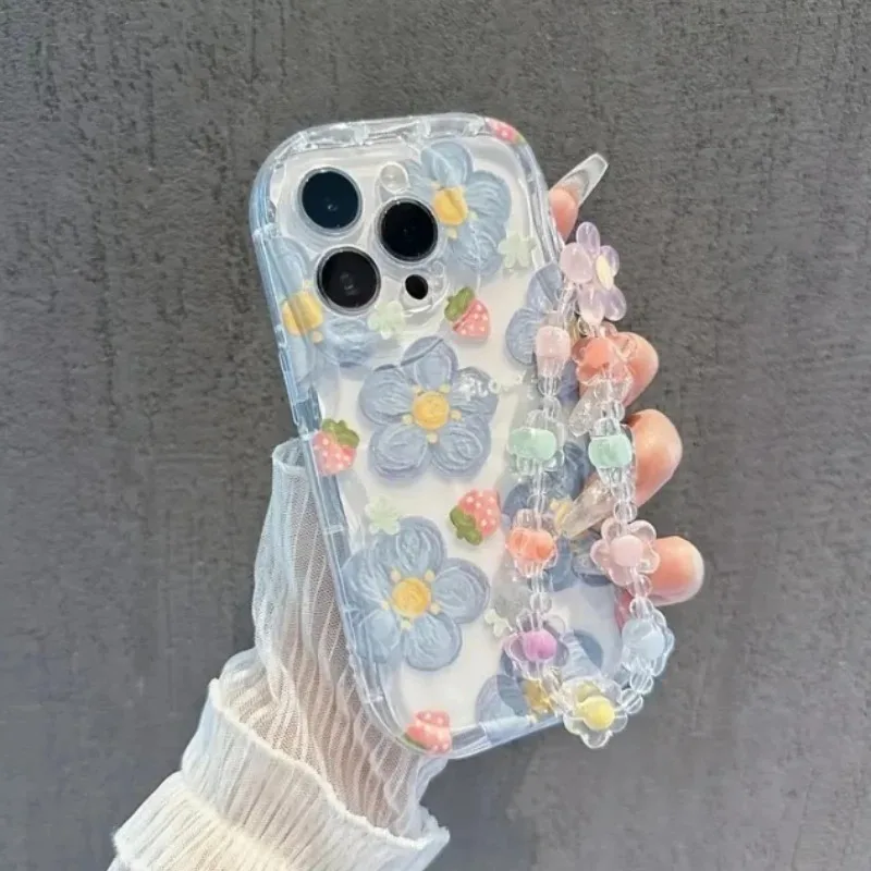 Erdbeerblumen-Handyhülle für iPhone 17 15 13 11 12 14 16 17 Pro Max Plus 17 Hüllen mit Blumen-Schlüsselband Silikon-Cover – Detail 5