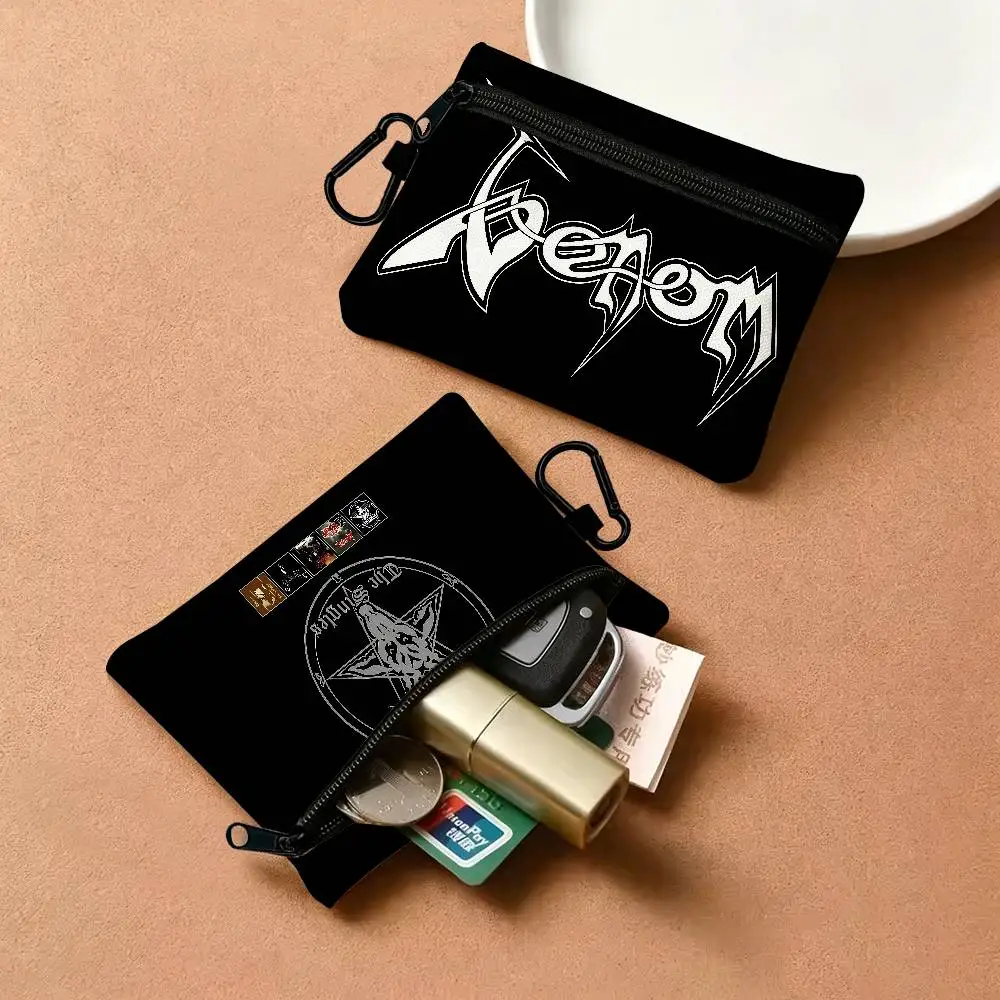 V-Venoms Black Metal Band Portable Mini Oxford Cloth Coin Purse With Carabiner Hook Zipper Key Card Earphone Storage Wallet
