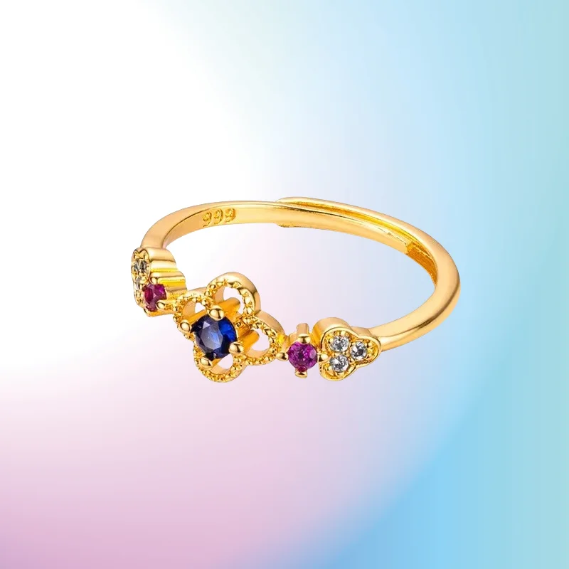 

NEW 9999 Real Gold 24K High-end Clover Diamond Ring, Women's Gold Niche Versatile Fashion Clover Live Ring