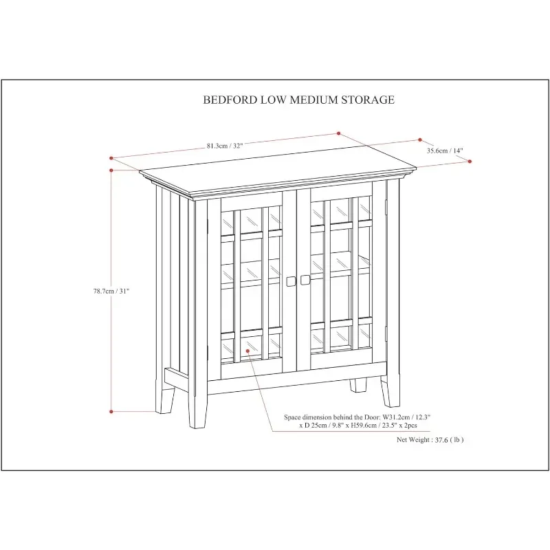 Bedford SOLID WOOD 32 inch Wide Rustic Low Storage Media Cabinet in Dark Tobacco Brown, with 2 Tempered Glass Doors