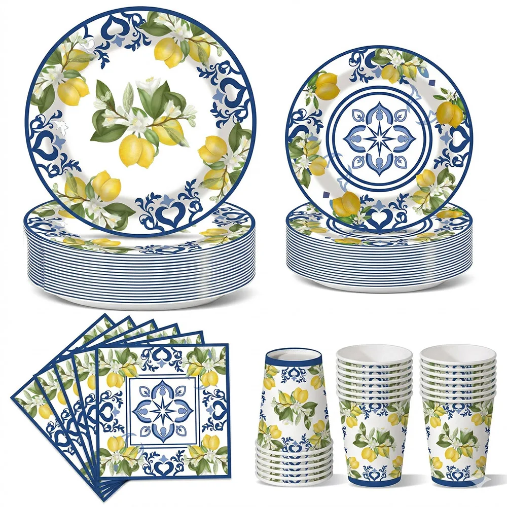 Lace Lemon Party Disposable Tableware Set Blue and White Porcelain Paper Plates Cups Napkins Evjf Birthday Party Decorations