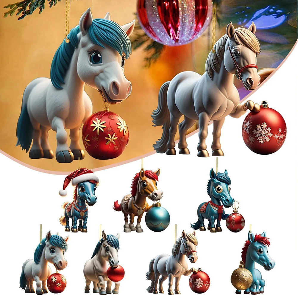 6-1pcs Christmas Cartoon Horse Stepping On Decoration Christmas Horse Pendant Ornament 2D Cute Horse Hanging New Year Decor 2024