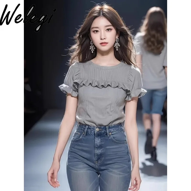 

Popular Women's Gray Shirt Korean Fashion Blouse 2024 Summer New Unique Chic Round Neck Short Sleeve Shirts Beautiful Loose Tops