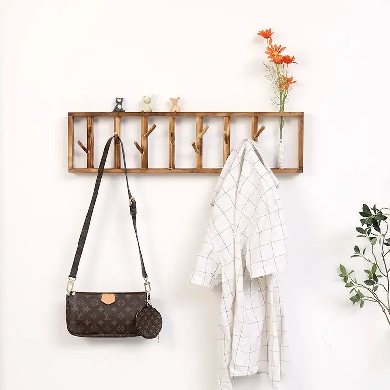 Retro Nordic Solid Wood Coat Rack with Flower Vase Hat Clothes Wall Hanger Shelves for Living Room Hallway Furniture Corridor