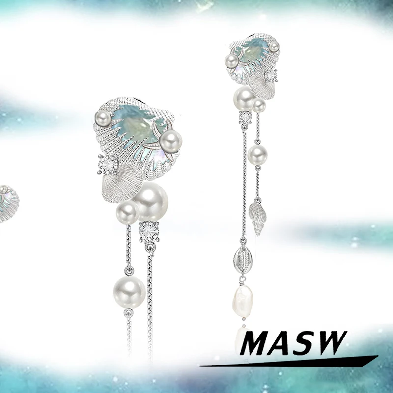 

MASW Original Design Delicate Shell Shaped Simulated Pearl Fringe Earrings For Women Girl Fine Accessories Sweet Jewelry