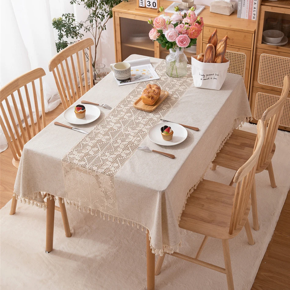 Linen blend Tablecloth,Splice Technology,Jute Rope Lace Dust-Proof Table Cover,for Kitchen Dinning Party Tea Table  Decoration