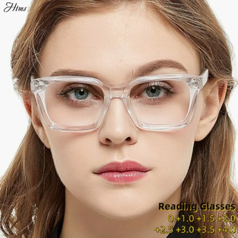 

HTMS Women's Fashion Transparent Lens Reading Glass Rectangular Large Frame Luxury Design Glasses Computer Glasses+1.0 ~ +3.5