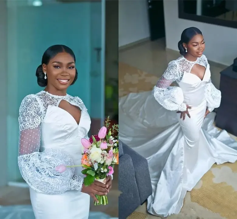 

Customized Elegant Poet Long Sleeves Mermaid Wedding Dresses Luxury Lace Applique African Plus Size Sheath Bridal