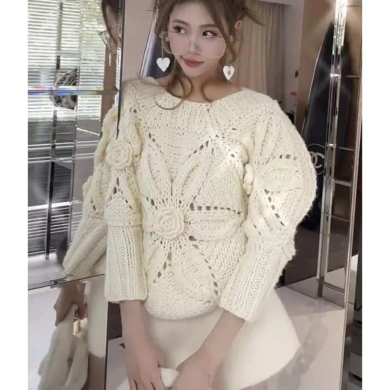 Women Handmade Hollow-out  Lantern Sleeve Floral Wool-blend Vintage Sweater 2024 Spring New In